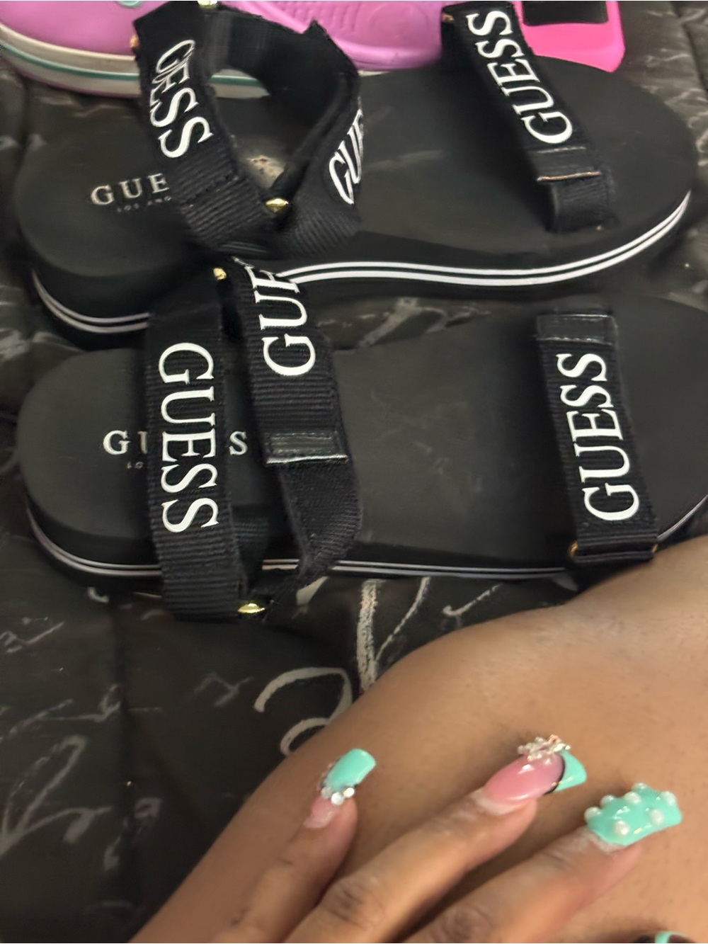 GUESS Black Logo Strap Platform Sandals